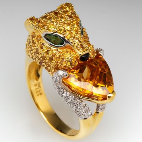 Gemstone Cat Ring Citrine Tsavorite Diamond & Yellow Sapphires 14K Gold