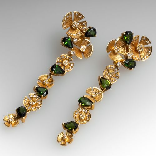 Vancox Brazil Green Tourmaline & Diamond Floral Dangle Earrings 14K Gold