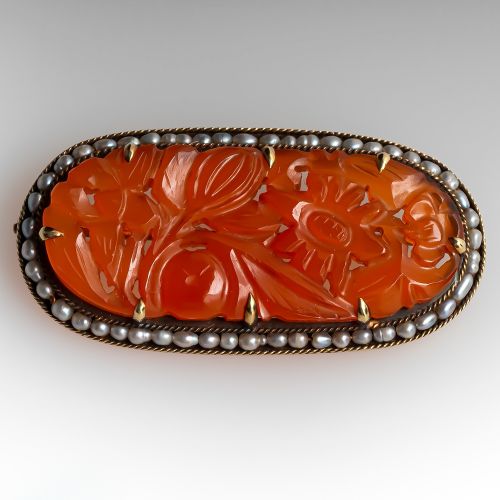 Antique Carved Carnelian & Seed Pearl Brooch Pin 14K Yellow Gold