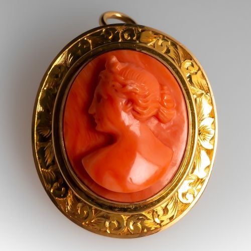 Vintage Pink Coral Hand Carved Cameo Pin / Pendant 14K Gold
