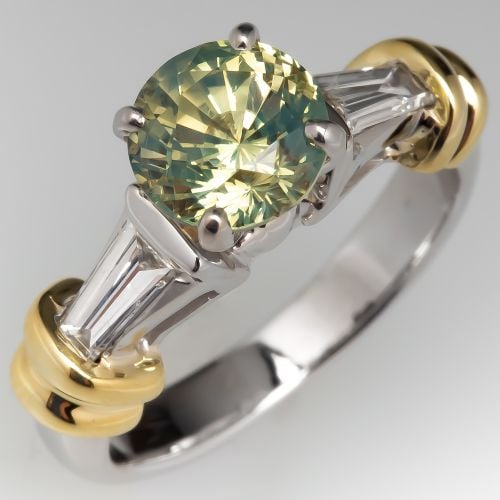 No Heat Yellowish Greenish Blue Sapphire Engagement Ring 18K Gold