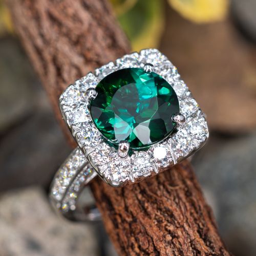3 Carat Green Tourmaline & Diamond Halo Engagement Ring