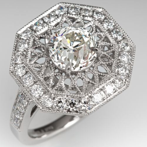 Stunning Old Mine Cut Diamond Ring w/ Ornate Deco Style 1.37Ct J/SI1 GIA