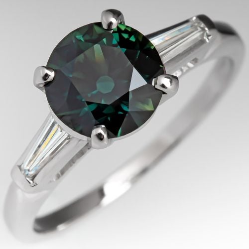 Dark Green Montana Sapphire Engagement Ring w/ Tapered Baguette Diamonds