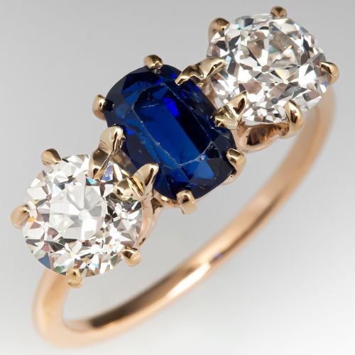 Victorian Era Blue Sapphire & Old European Cut Diamond 3-Stone Ring