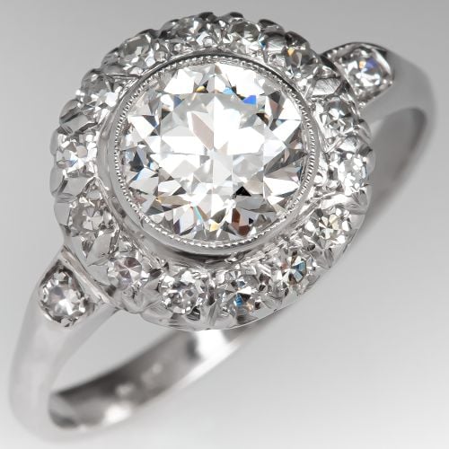 Vintage Bezel Set Diamond Halo Engagement Ring Platinum .79ct E/VVS2 GIA