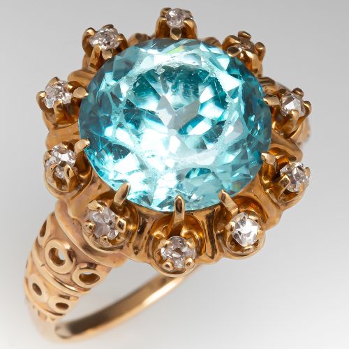 Antique Blue Zircon Ring w/ Old Cut Diamonds