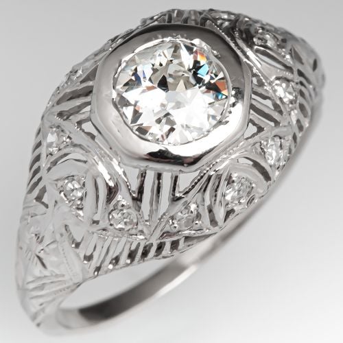 Antique Filigree Engagement Ring Old Euro Diamond .58ct G/I1
