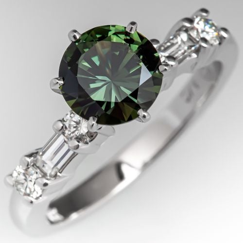 1.5 Carat Dark Green Sapphire Engagement Ring w/ Diamonds