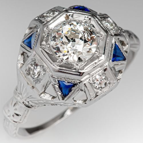 1920's Engagement Ring Old European Cut Diamond .65ct J/I2 GIA