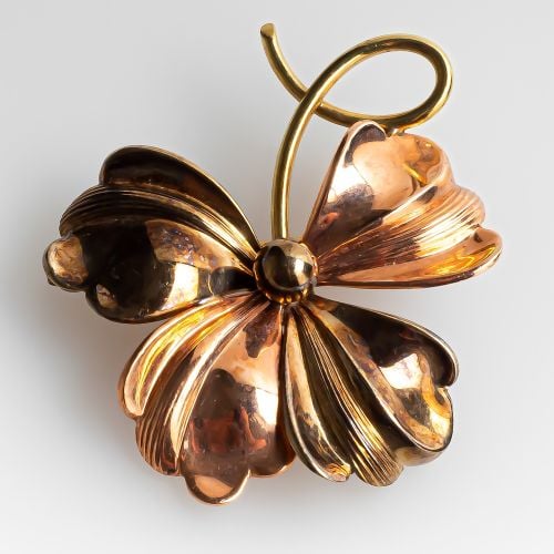 Retro Vintage Four Leaf Pin Rose and Green Gold