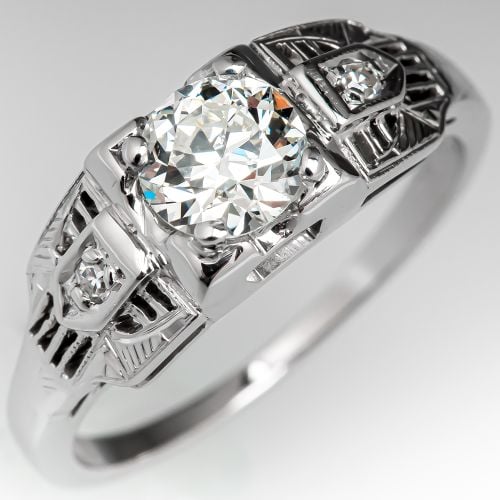 1940's Geometric Filigree Vintage Diamond Engagement Ring 14K Gold .82ct J/SI1 GIA