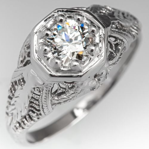 Vintage Filigree Diamond Engagement Ring 18K White Gold .52ct J/VS1 GIA