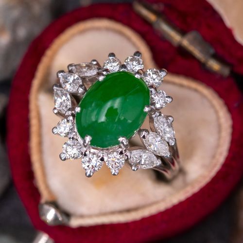 Vintage Jadeite A-Jade Cabochon Ring w/ Diamonds