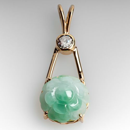 Carved Jade Pendant w/ Old Euro Diamond Accent