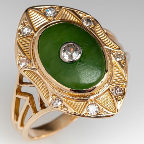 1950's Vintage Nephrite Jade Ring w/ Diamond Accents