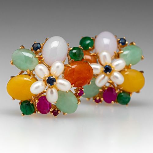 Vintage Cluster Gemstone Floral Earrings 14K Gold