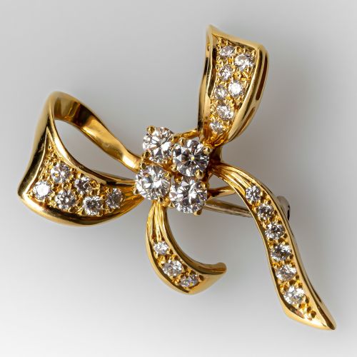 H L Brown Bow Pin w/ Diamonds 18K Gold