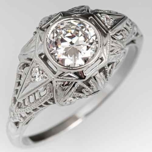 1940's Transitional Cut Diamond Vintage Filigree Engagement Ring .62ct G/VS2