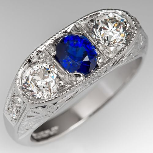 Circa 1930's Antique Sapphire Ring w/ Diamond Accents in Platinum