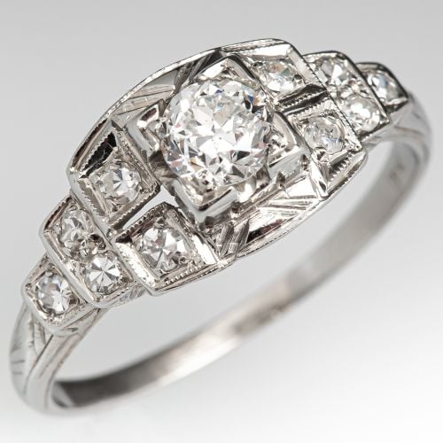 Vintage Detailed Transitional Cut Diamond Engagement Ring .32ct F/SI1