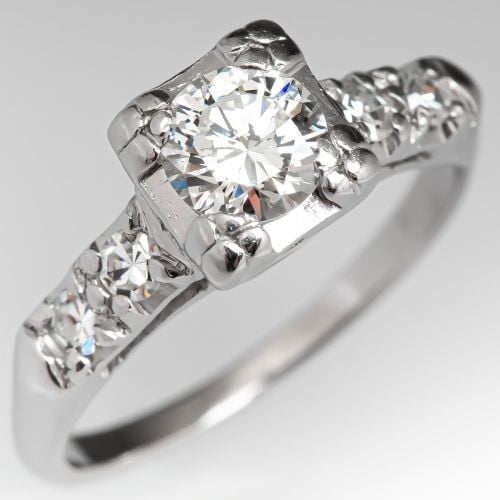 Vintage Squared Head Round Diamond Engagement Ring .45ct I/VVS2