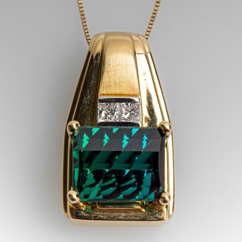 4 Carat Green Tourmaline Pendant Necklace w/ Diamond Accents