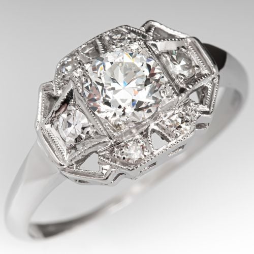 1930's Antique Engagement Ring Transitional Cut Diamond .78ct H/VVS2 GIA