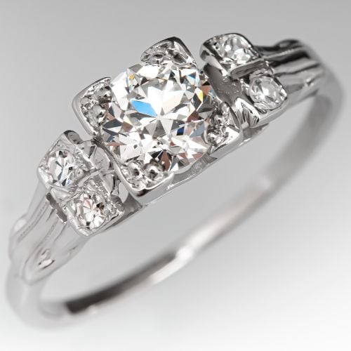 1940's Transitional Cut Diamond Engagement Ring .61ct F/VS2 GIA