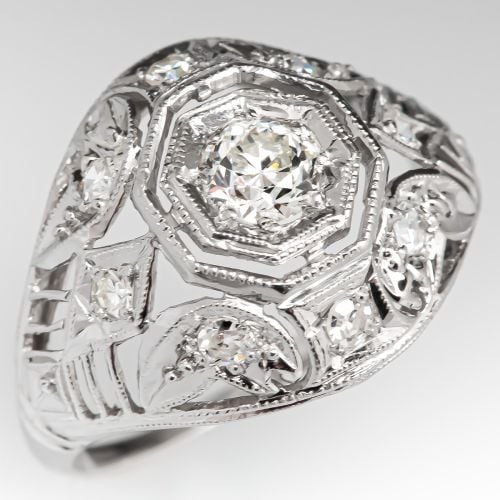 1920's Antique Old Euro Diamond Filigree Engagement Ring .23ct J/VS1