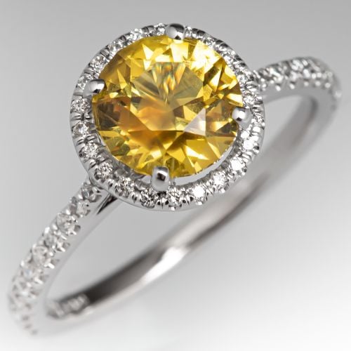 1.3 Carat No Heat Yellow Sapphire Engagement Ring w/ Diamond Halo 14K
