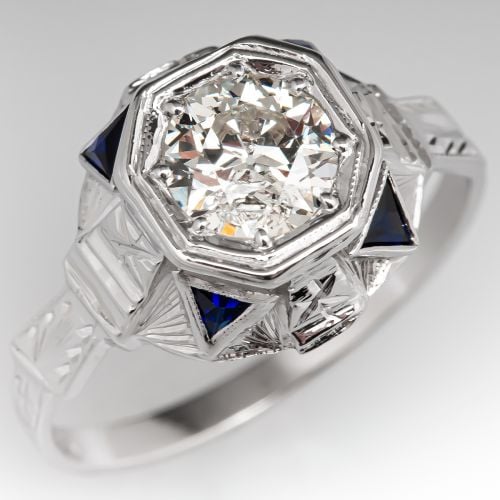 Art Deco Engagement Ring Transitional Cut Diamond w/ Blue Accents .87ct I/I3 GIA