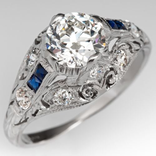 Transitional Cut Diamond Art Deco Engagement Ring w/ Blue Accents .98ct I/VS1 GIA