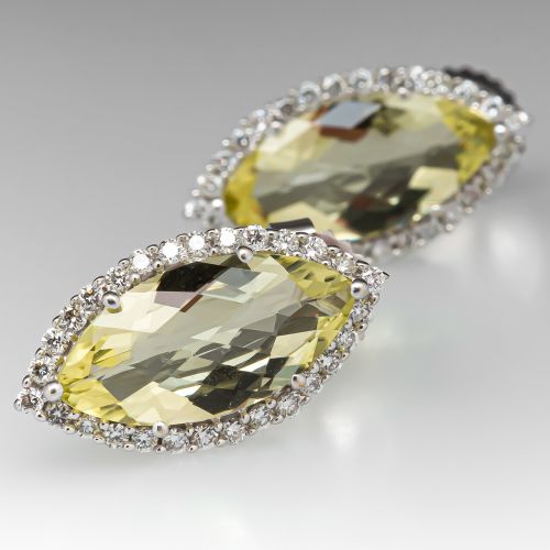 Bright Lemon Citrine & Diamond Stud Earrings 14K White Gold