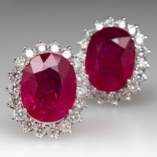 Large Glass Filled Composite Ruby Earrings w/ Diamond Halo 18K White Gold