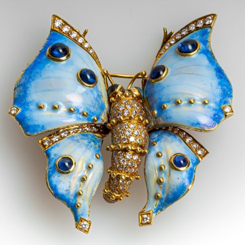 Enamel Butterfly Brooch w/ Diamonds & Sapphires in 18K Yellow Gold