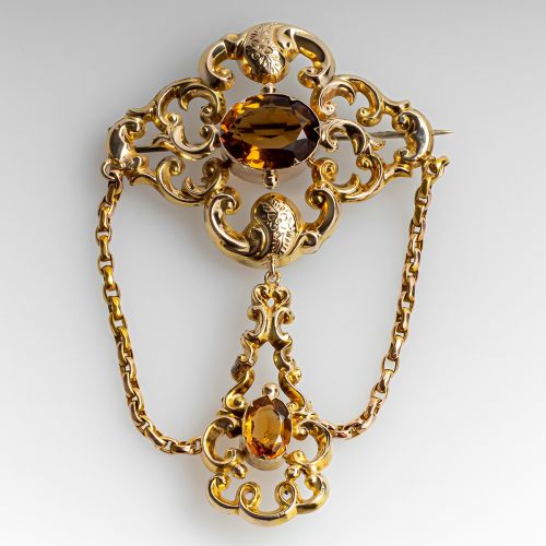 Large Antique Natural Citrine Brooch Pin 15K Yellow Gold