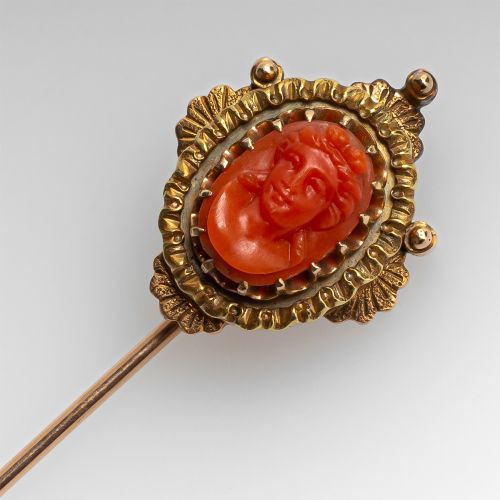 Vintage Red Coral Cameo Stick Pin 14K Gold