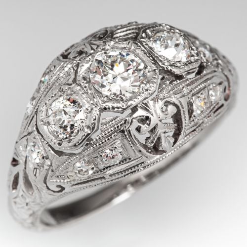Three Stone Antique Diamond Filigree Engagement Ring