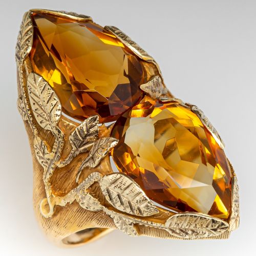 1940's Vintage Floral Citrine Cocktail Ring 14K Yellow Gold
