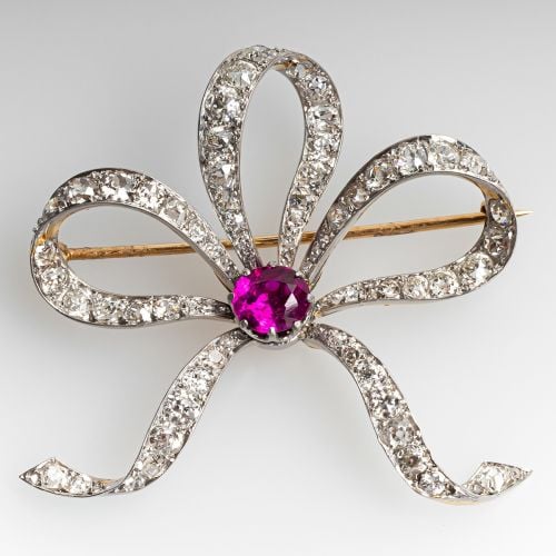 Victorian Bow Pin Brooch Ruby & Old Euro Diamonds