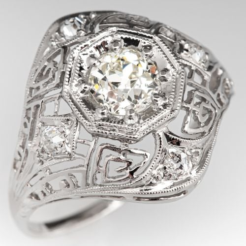 Art Deco Filigree Engagement Ring Old Euro Diamond .56ct N/VS1 GIA