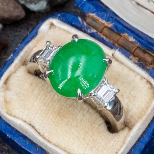 Untreated Jadeite Jade Ring w/ Diamond Accents in Platinum