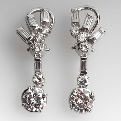 14K White Gold Round Cut Diamond Dangle Earrings GIA