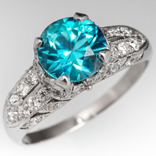 Vintage Round Cut Blue Zircon Ring w/ Diamonds in Platinum