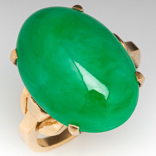 Large Oval Cut Untreated Jadeite Jade Ring in 14K Yellow Gold