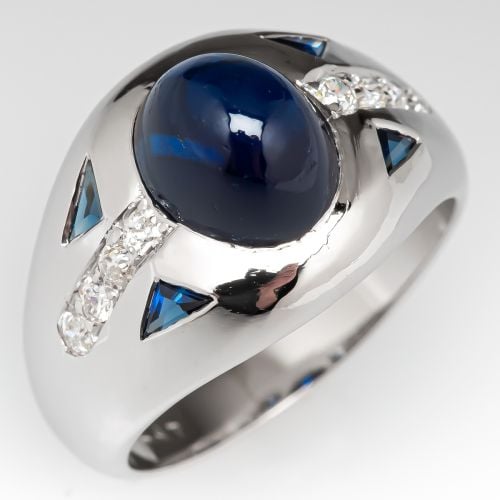Oval Cabochon Cut Sapphire & Diamond Ring in Platinum