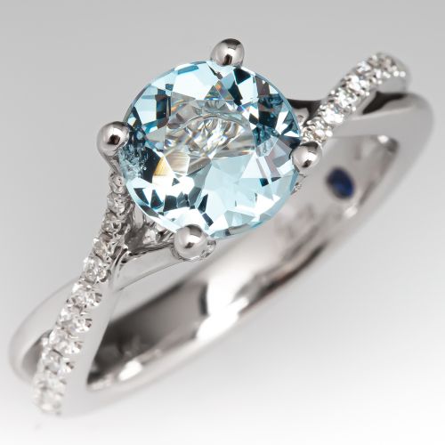 Round Cut Aquamarine & Diamond Ring in 14K White Gold