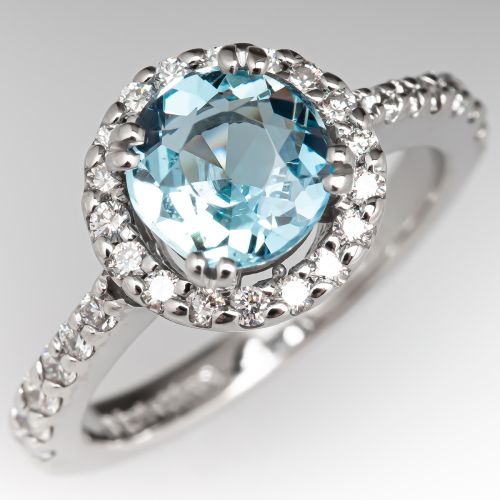 Round Cut Aquamarine Ring w/ Diamond Halo