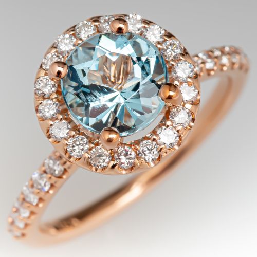 18K Rose Gold 1 Carat Round Cut Aquamarine Ring w/ Diamond Halo